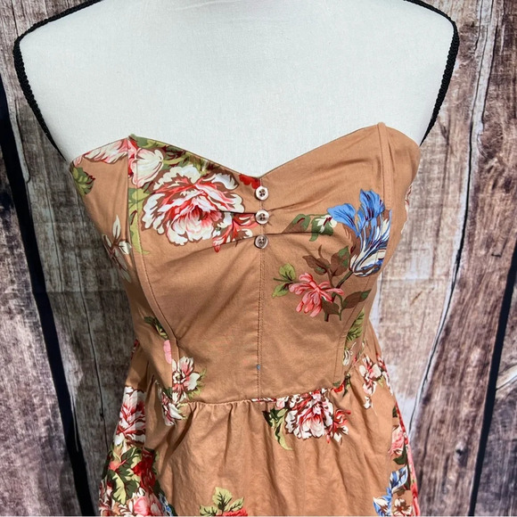 Xhilaration Tan Floral Corset Top Strapless Summer Dress with Pockets - sz MED - Picture 4 of 14